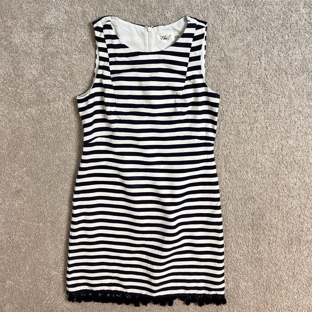 Eliza J Navy Blue White Striped Fringe Sleeveless Sheath Dress Sz 6 Linen Blend‎